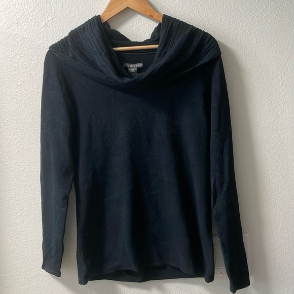 Tops Covington Womens Waffle Knit Sweater Black Draped Neck Long